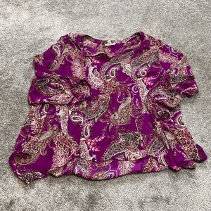 Simply Emma Blouse Top Womens 3X Purple Paisley Long Sleeve Roll Tab Shirt